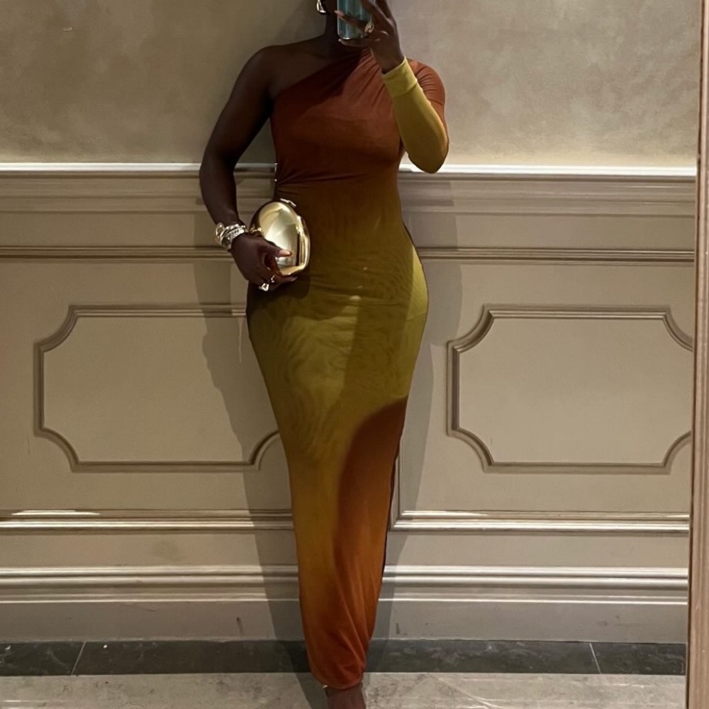 Chic One-Shoulder Ombre Dress in Brown and Yellow